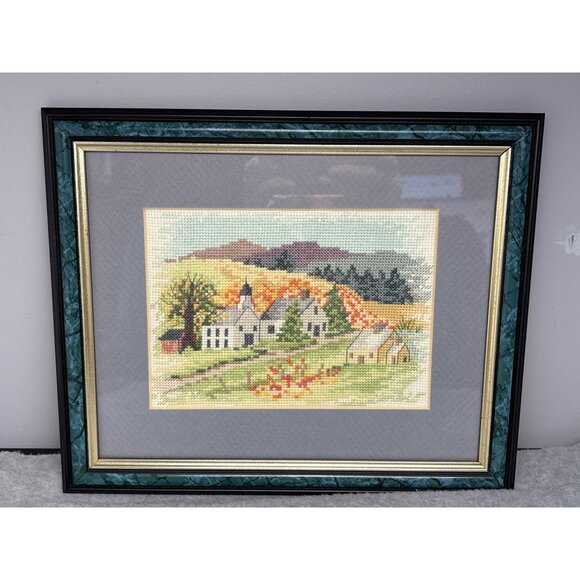 Framed Needlepoint Rural Village Scene Autumn Colors 12" x 10" - Picture 7 of 9